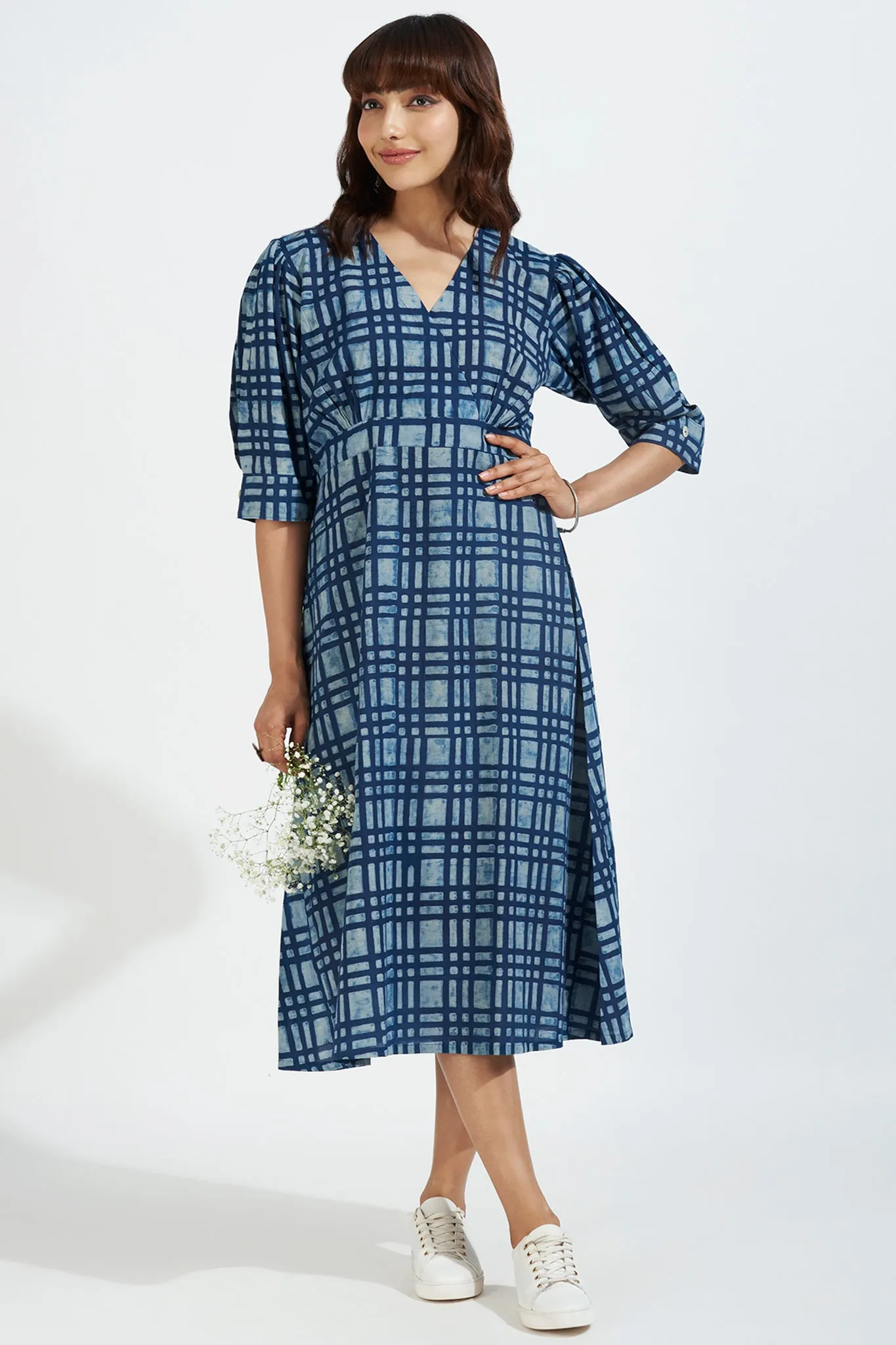 overlap dress with puffed sleeve - inky blue & midnight plaid