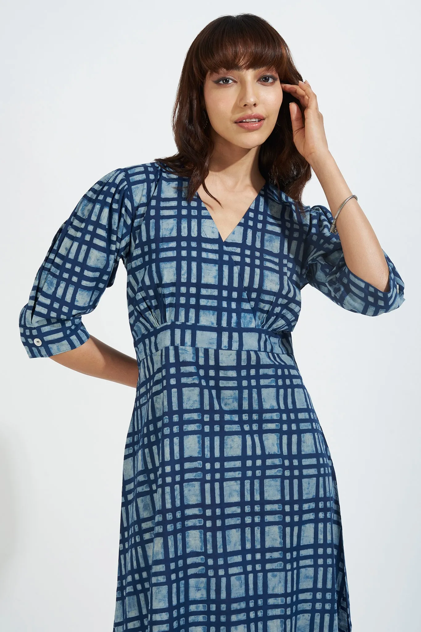 overlap dress with puffed sleeve - inky blue & midnight plaid