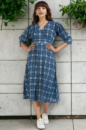 overlap dress with puffed sleeve - inky blue & midnight plaid