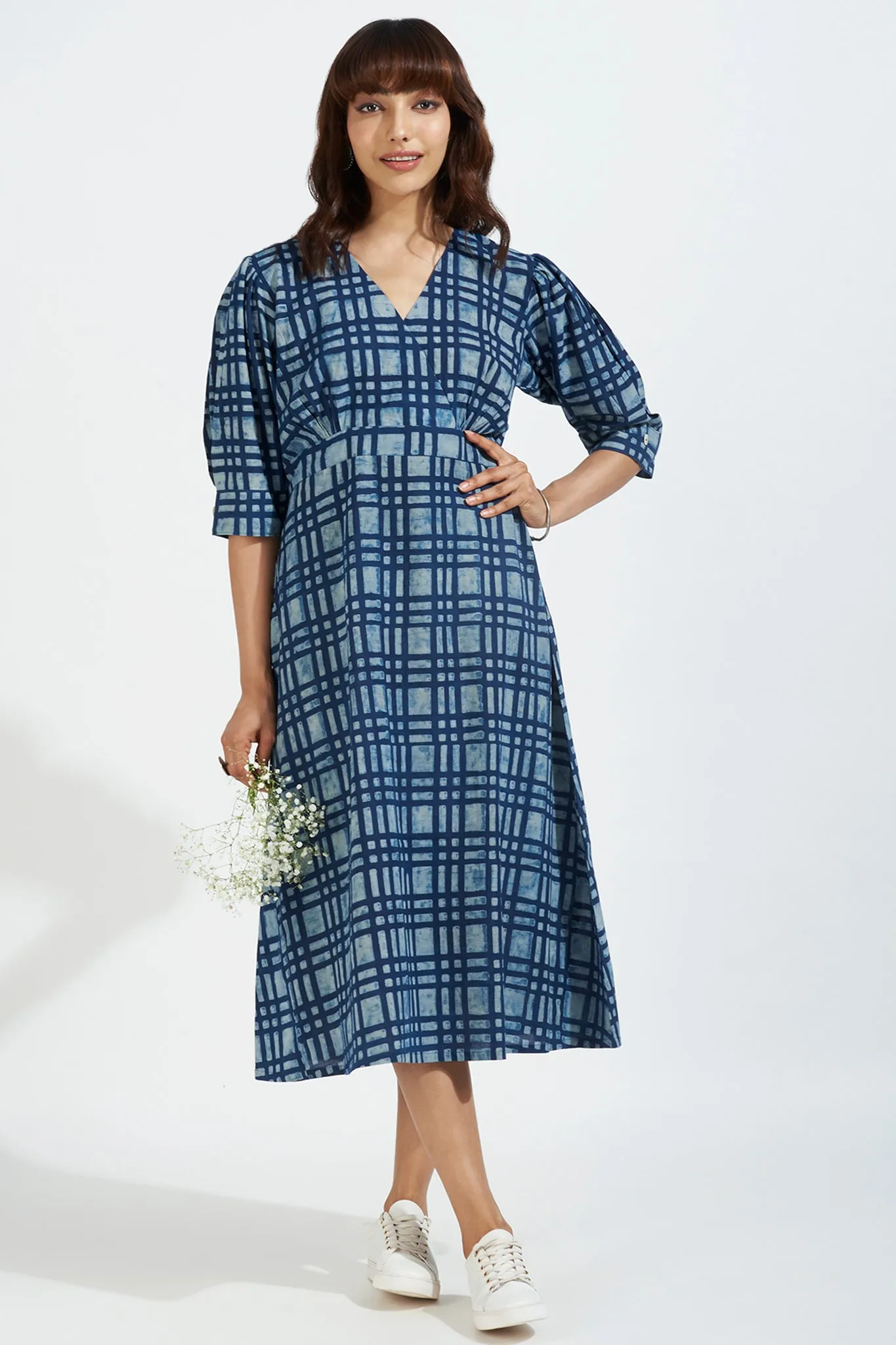 overlap dress with puffed sleeve - inky blue & midnight plaid