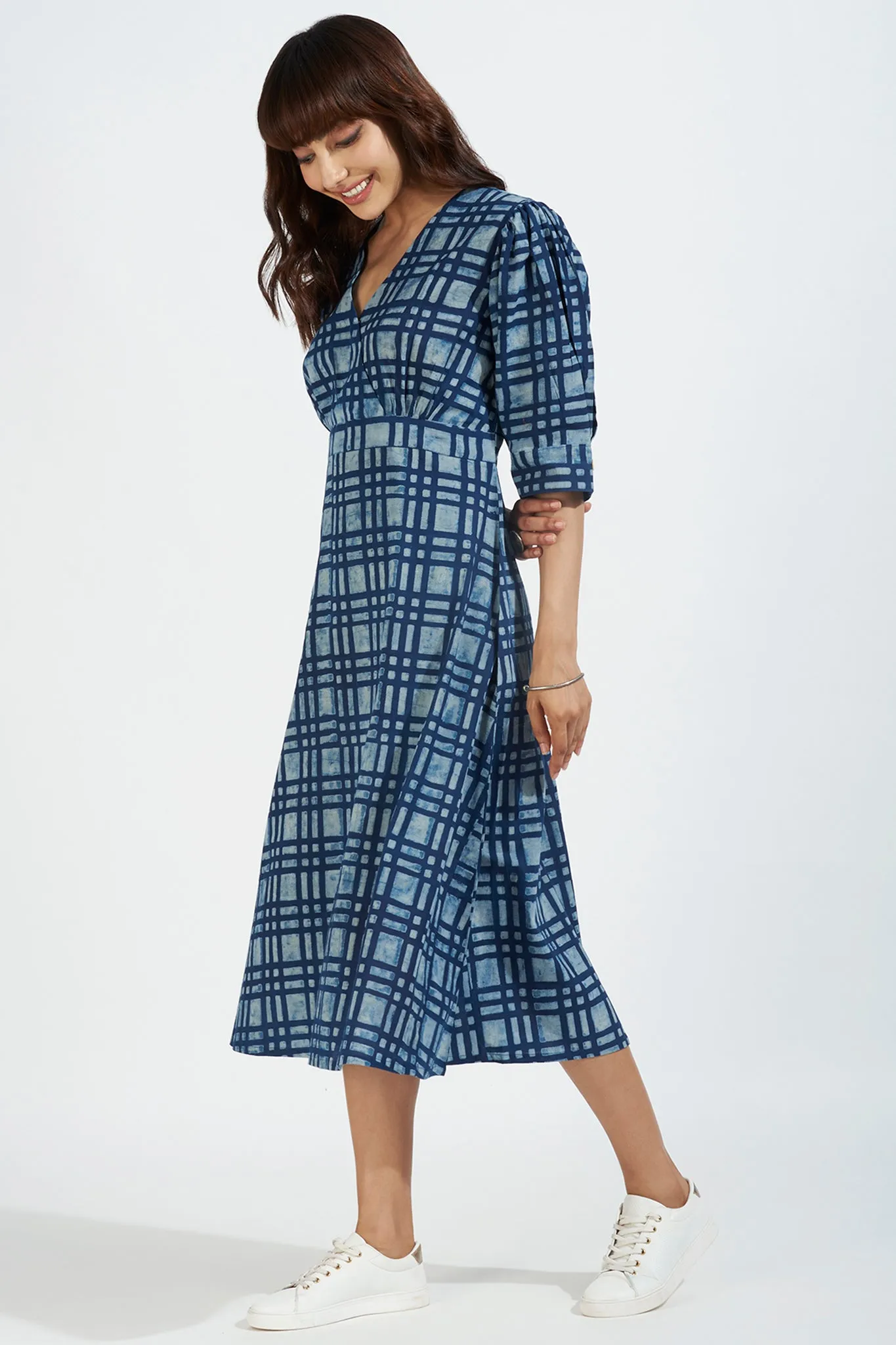 overlap dress with puffed sleeve - inky blue & midnight plaid