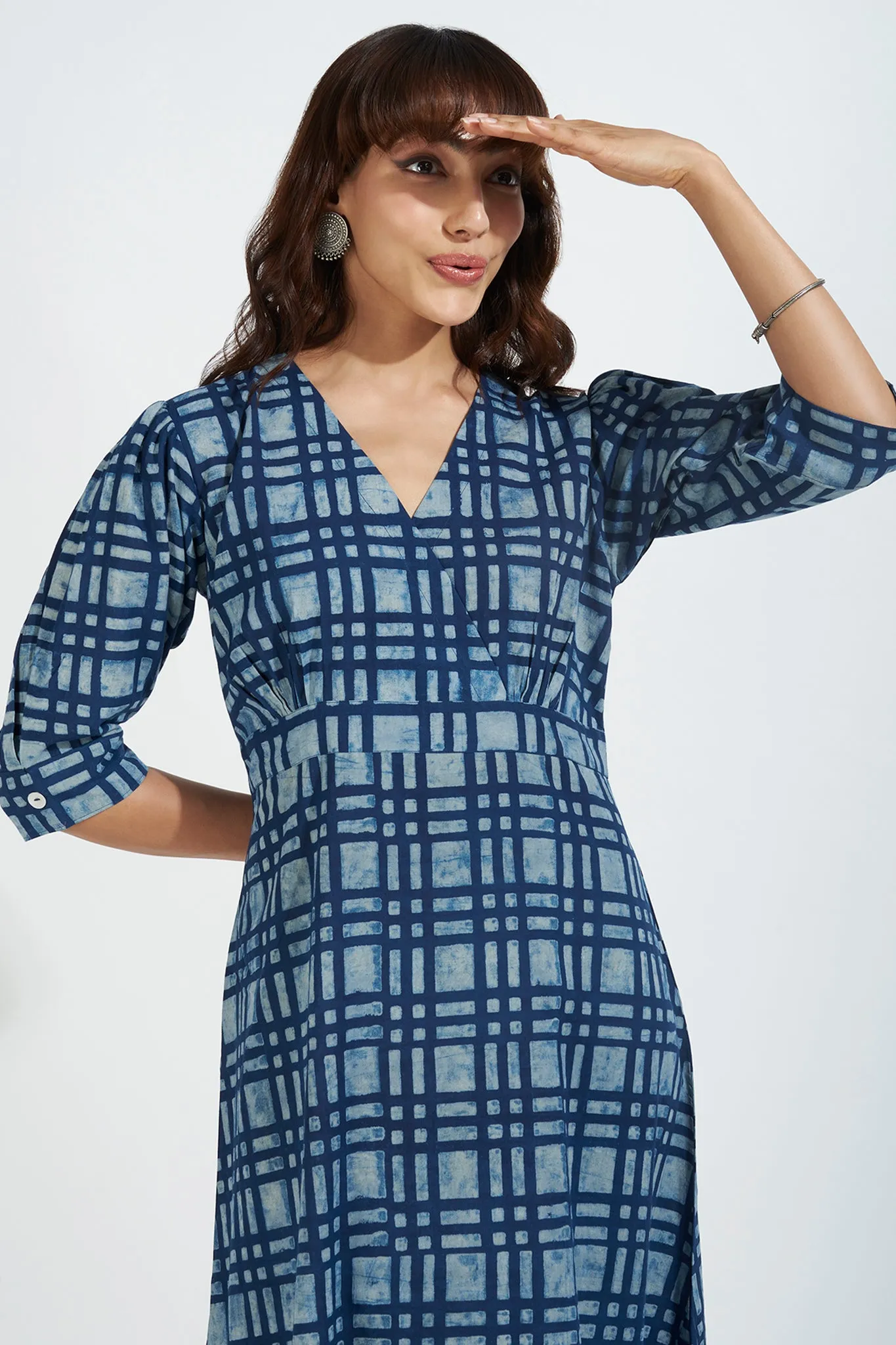 overlap dress with puffed sleeve - inky blue & midnight plaid