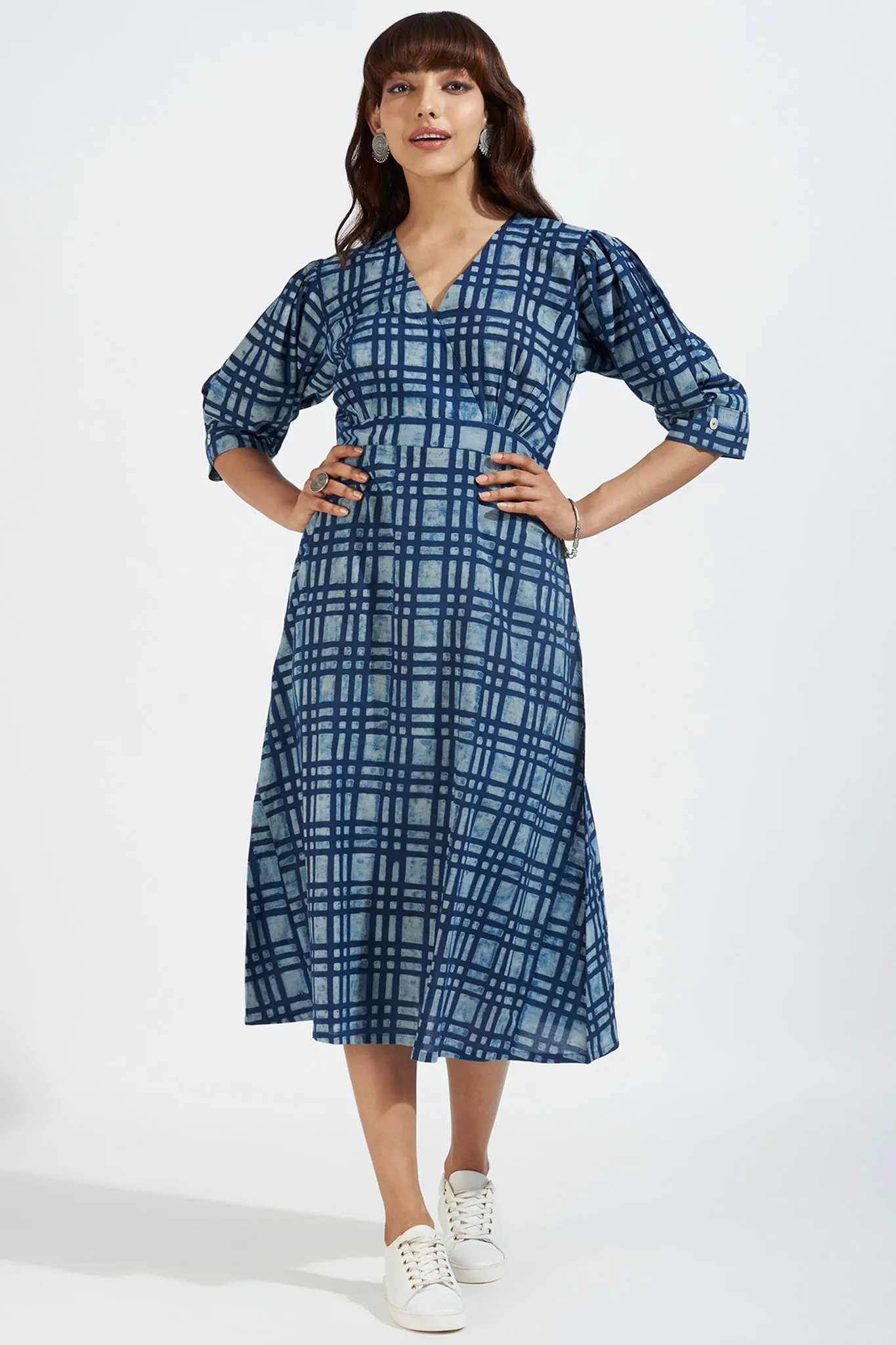 overlap dress with puffed sleeve - inky blue & midnight plaid