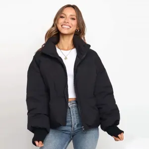 Oversized Stand Collar Side Pocket Zip Front Long Sleeve Puffer Jacket - Black