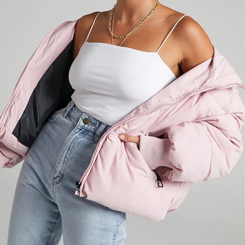 Oversized Stand Collar Side Pocket Zip Front Long Sleeve Puffer Jacket - Pink