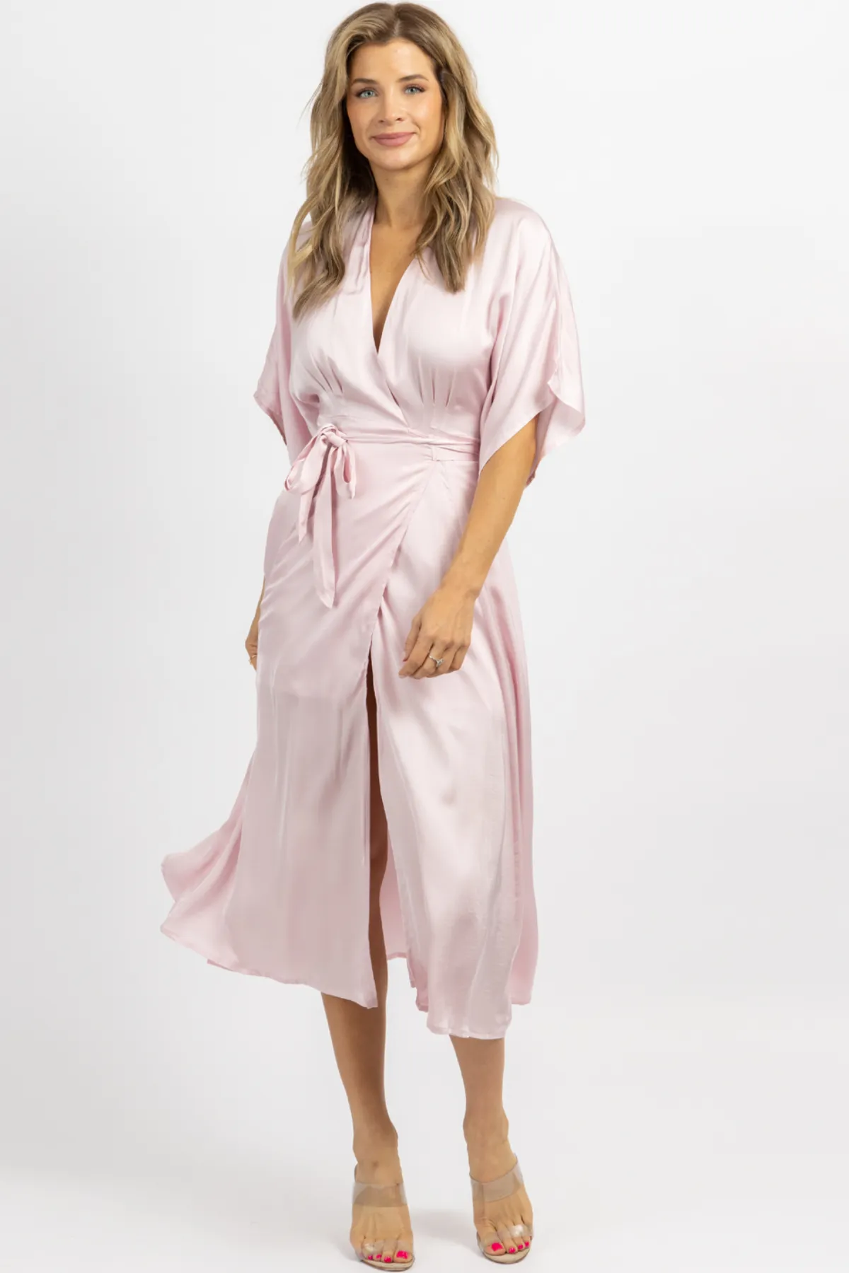 PALE PINK SATIN WRAP MIDI DRESS