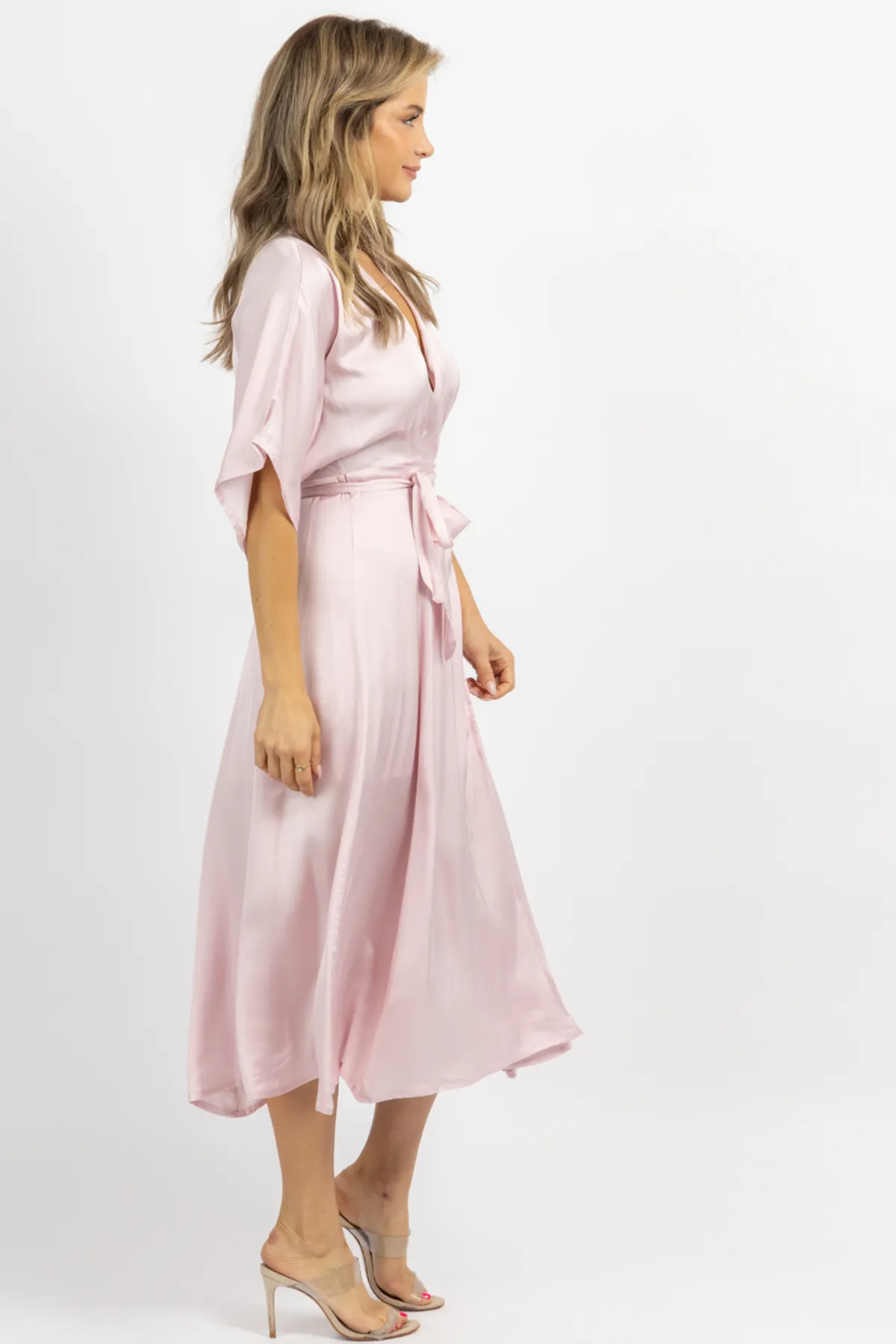 PALE PINK SATIN WRAP MIDI DRESS