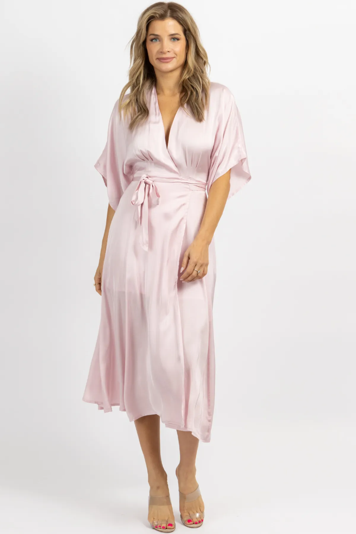 PALE PINK SATIN WRAP MIDI DRESS