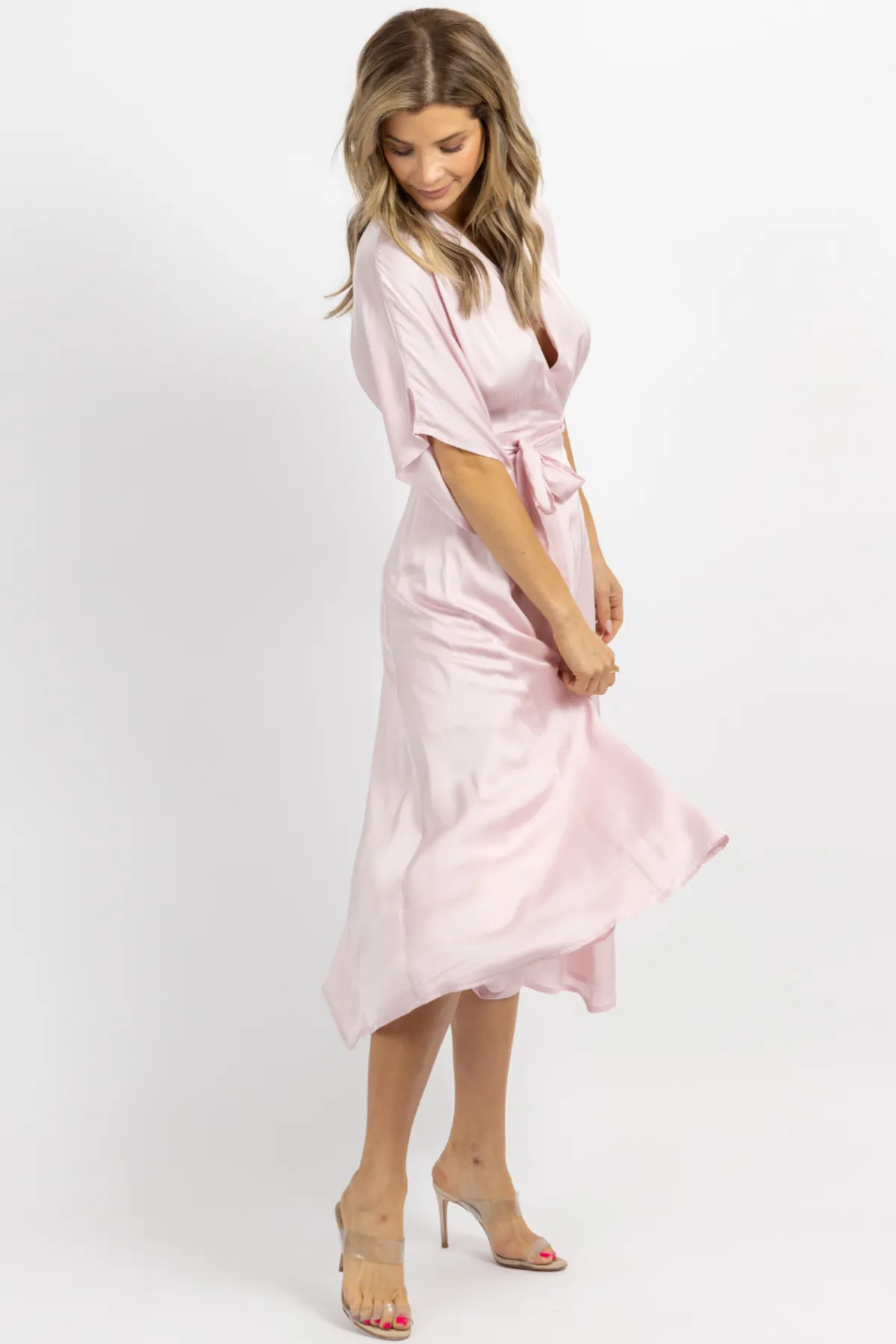 PALE PINK SATIN WRAP MIDI DRESS