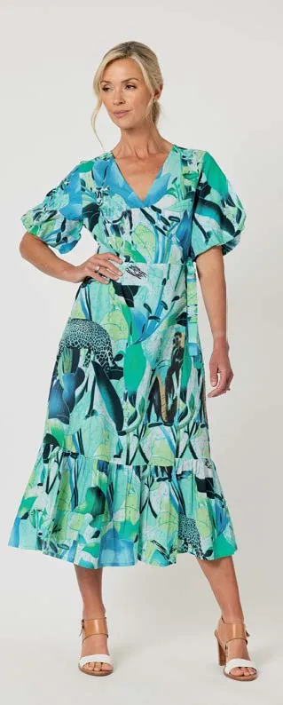 Palm Print Cotton Wrap Dress - Green