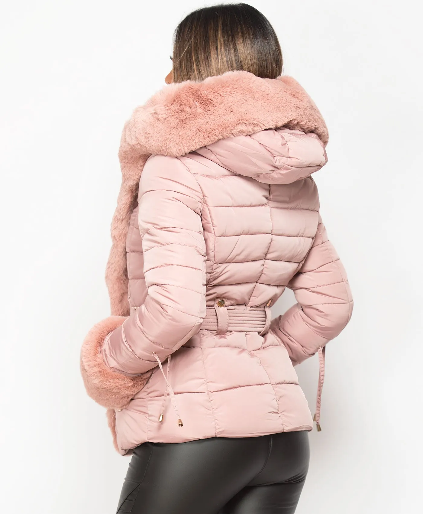 Pink Faux Fur Trim Hooded Side Buckle Puffer Jacket