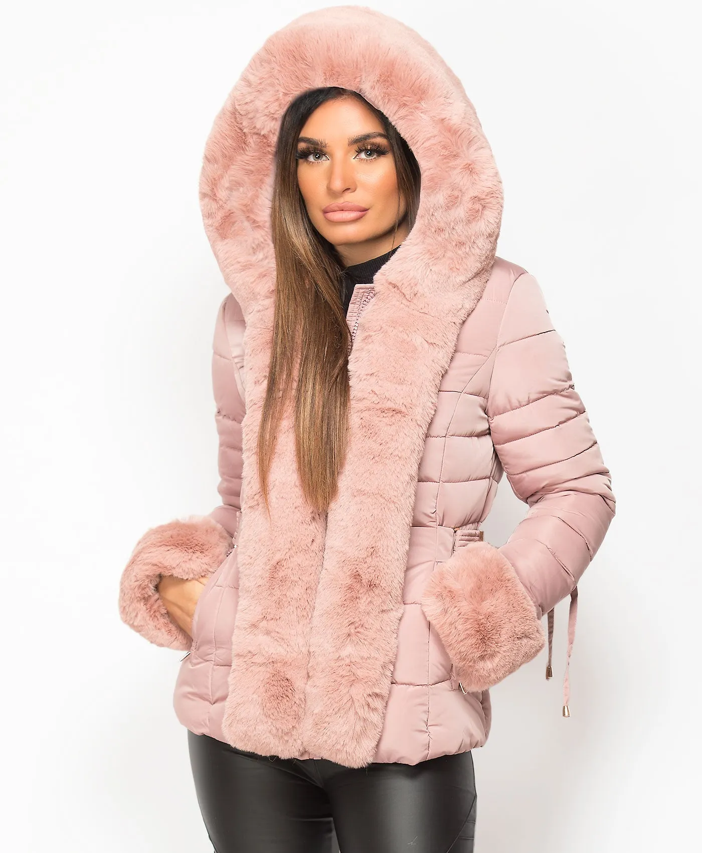 Pink Faux Fur Trim Hooded Side Buckle Puffer Jacket