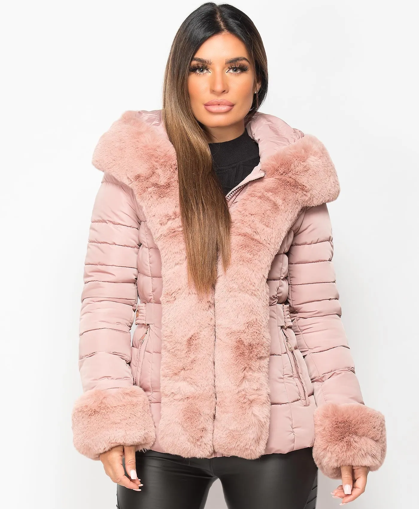 Pink Faux Fur Trim Hooded Side Buckle Puffer Jacket