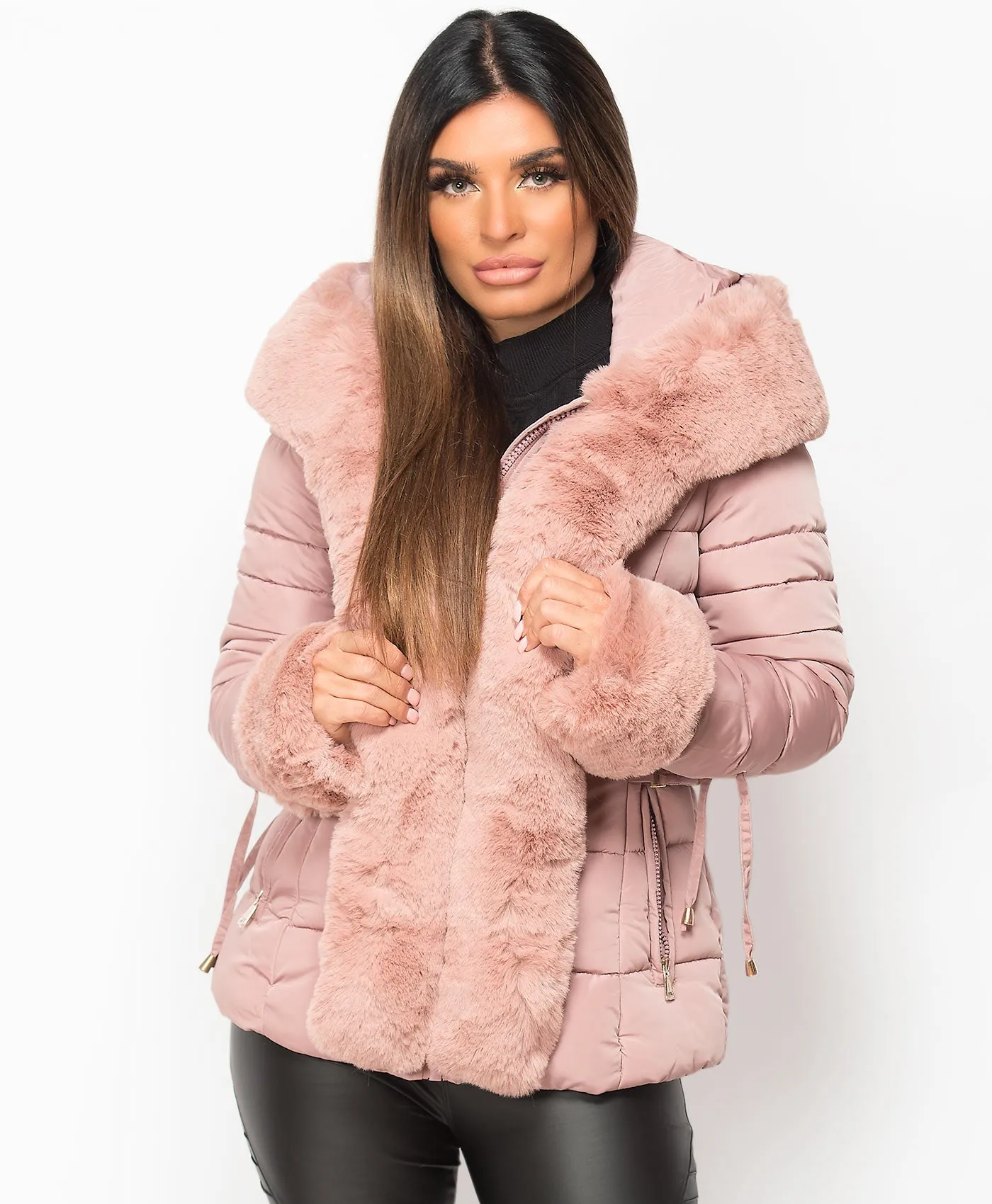 Pink Faux Fur Trim Hooded Side Buckle Puffer Jacket