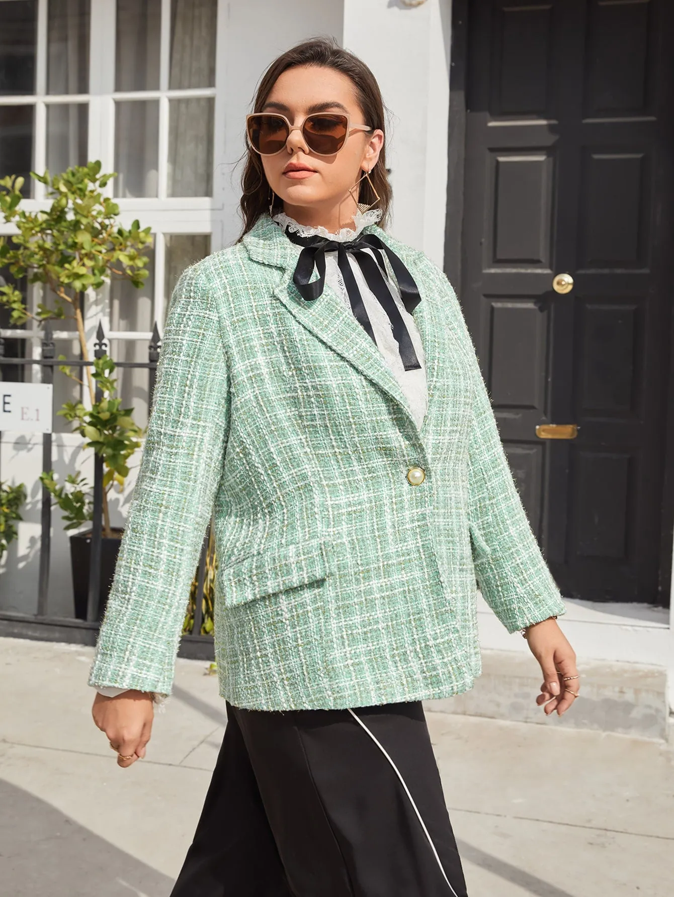 Plaid Button Front Long Sleeve Lapel Short Plus Size Overcoat