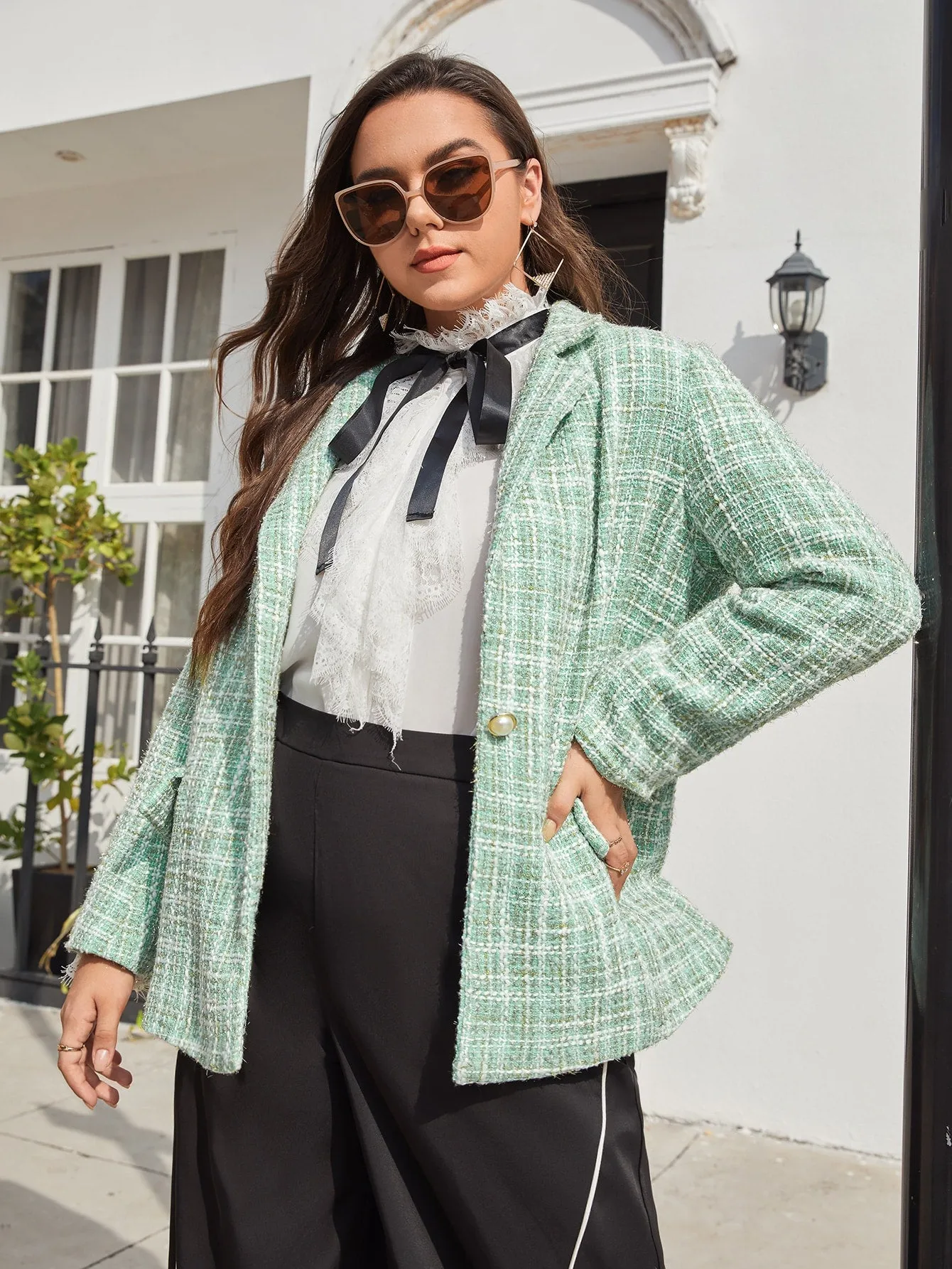 Plaid Button Front Long Sleeve Lapel Short Plus Size Overcoat