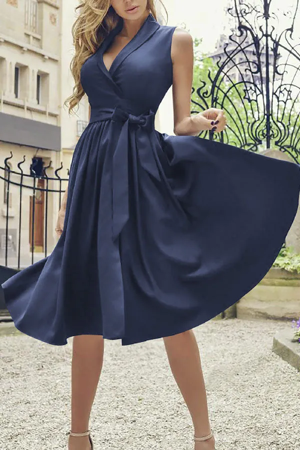 Plain V-neck Sleeveless Wrap Dress