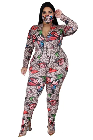 Plus Size Long Sleeve Print Jumpsuit