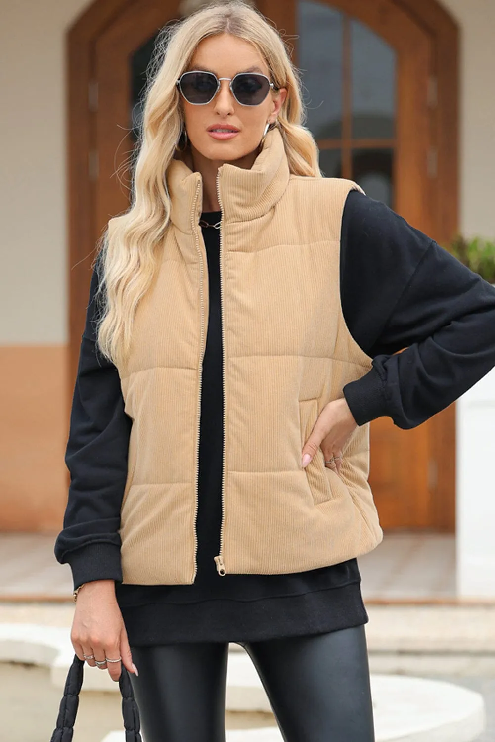 Pocketed Zip Up Turtleneck Vest Coat