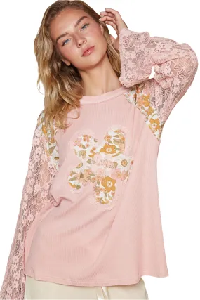 POL Lace Patchwork Retro Daisy Floral Exposed Seam Top Long-Sleeve Boho Knit Shirt