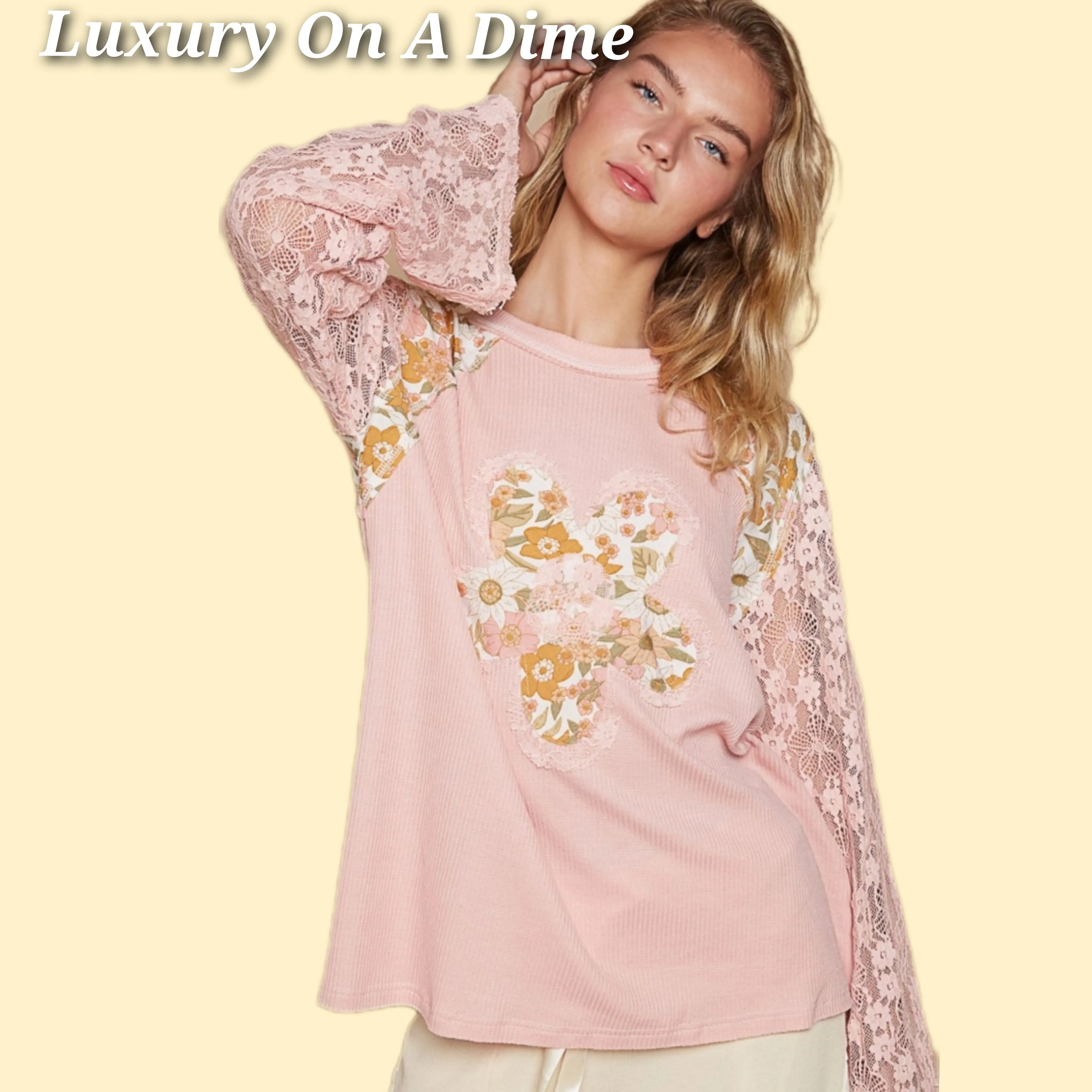 POL Lace Patchwork Retro Daisy Floral Exposed Seam Top Long-Sleeve Boho Knit Shirt