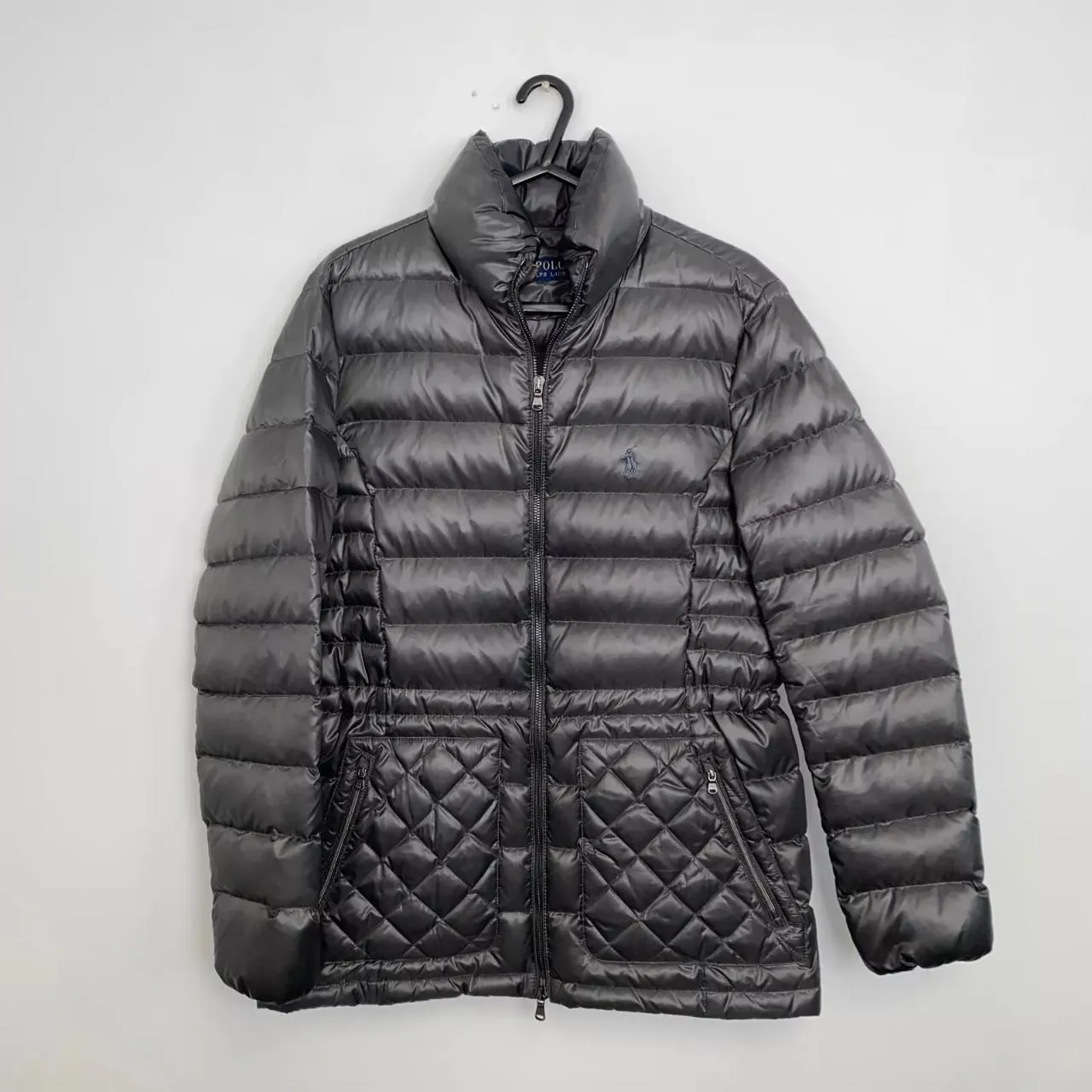 Preowned Polo Ralph Lauren Down Womens Glossy Puffer Jacket Size M Grey Full-Zip Logo.