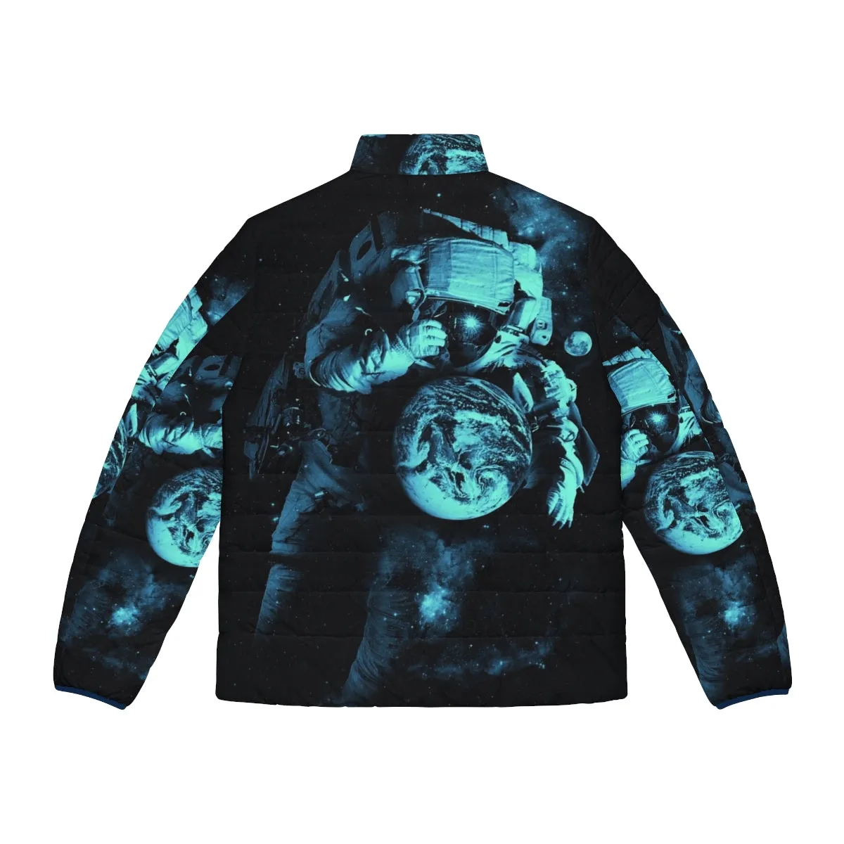 "Cosmic Exploration Puffer Jacket: 'It's a Small World After All' Design"