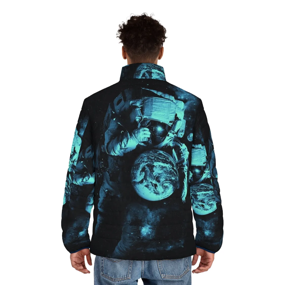 "Cosmic Exploration Puffer Jacket: 'It's a Small World After All' Design"