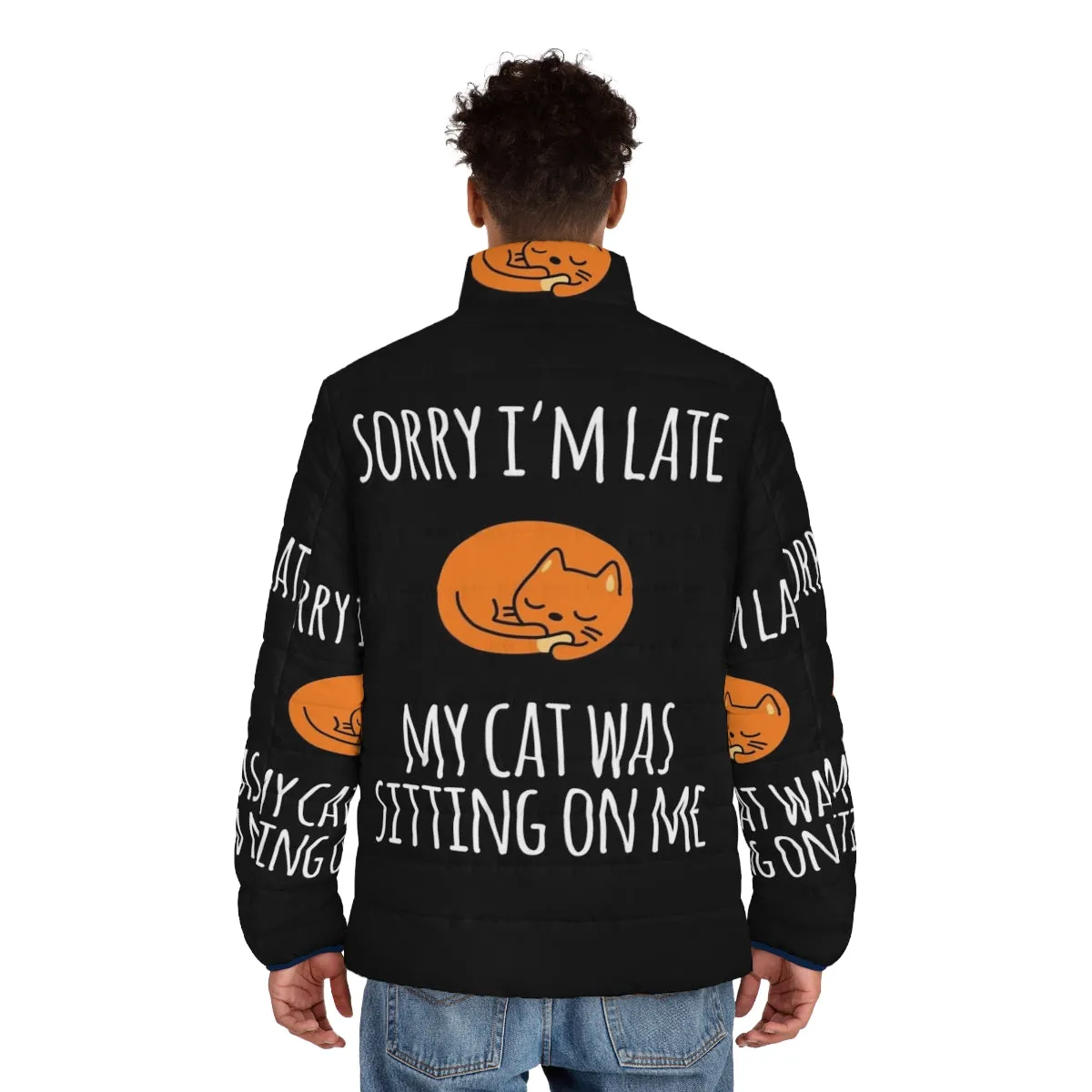 "Couldn't Make It: Funny Cat-Themed Puffer Jacket"