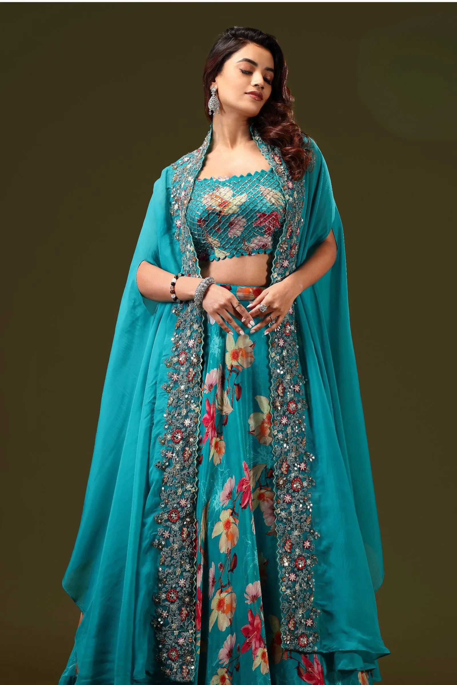 Rama Green Beads, Zari Thread and Mirror work Long Overcoat Styled Crop Top Lehenga