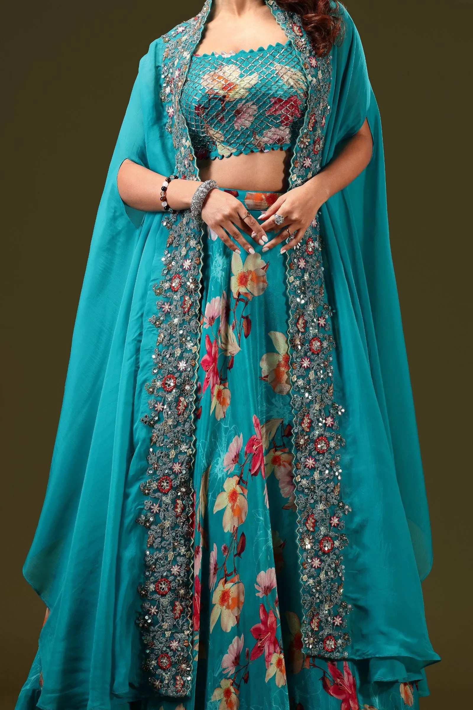 Rama Green Beads, Zari Thread and Mirror work Long Overcoat Styled Crop Top Lehenga