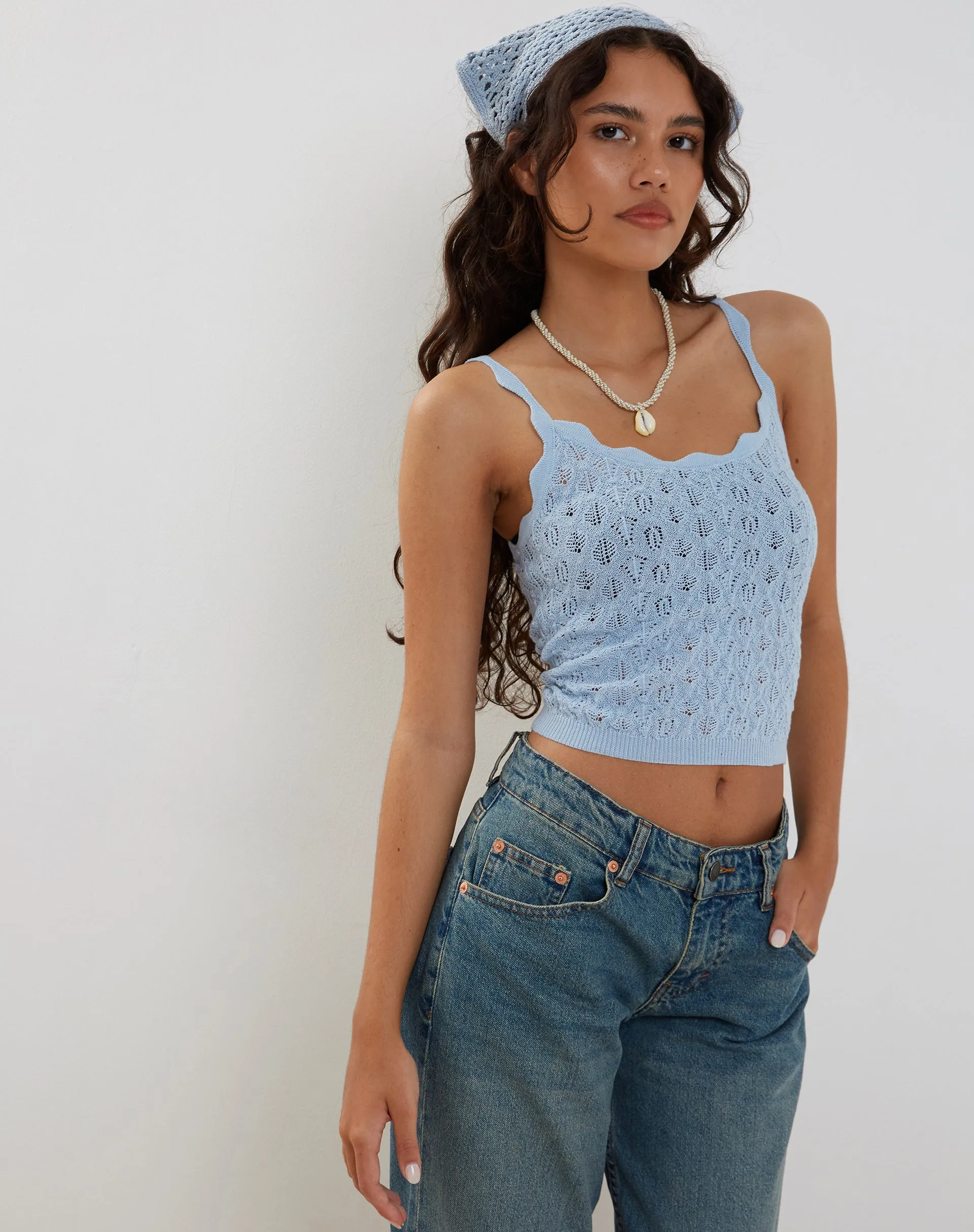 Reagan Pointelle Knit Cami Top in Baby Blue