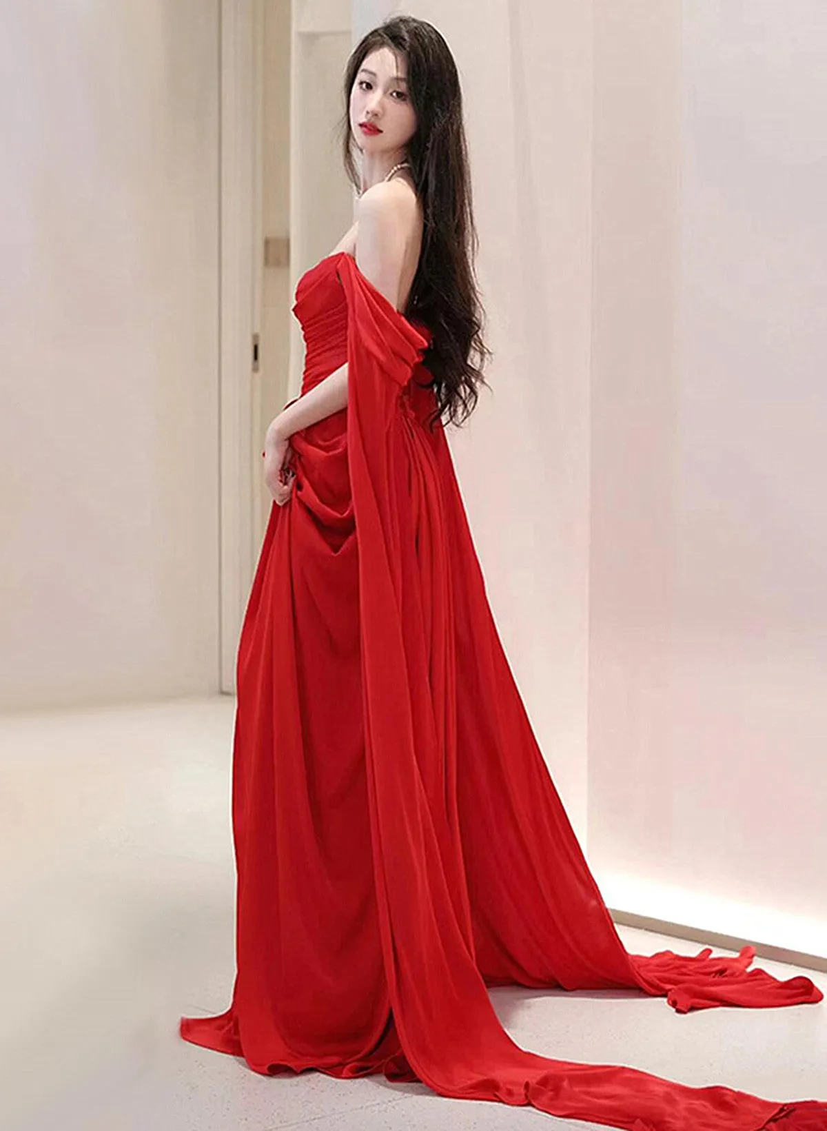 Red A-line Round Neckline Long Wedding Party Dress, Red Long Formal Dress