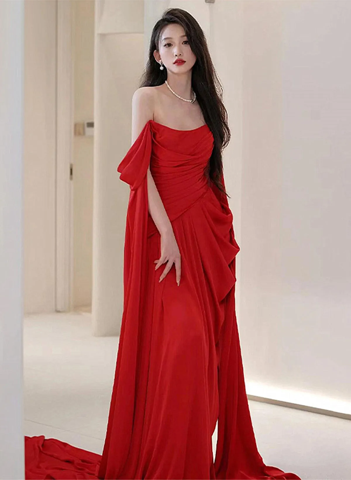 Red A-line Round Neckline Long Wedding Party Dress, Red Long Formal Dress