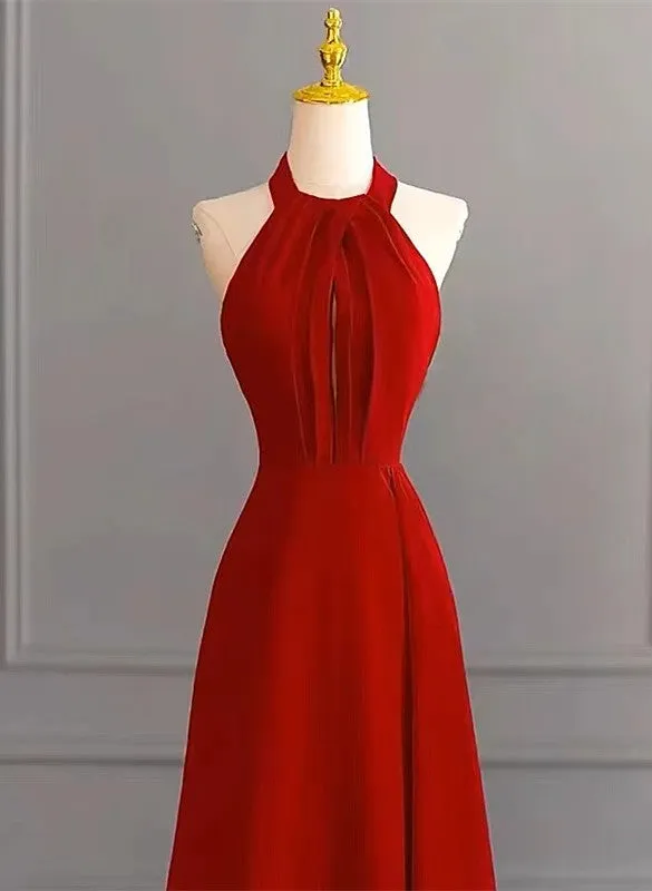 Red Halter A-line Simple Formal Dress, Red Long Evening Dress Party Dress