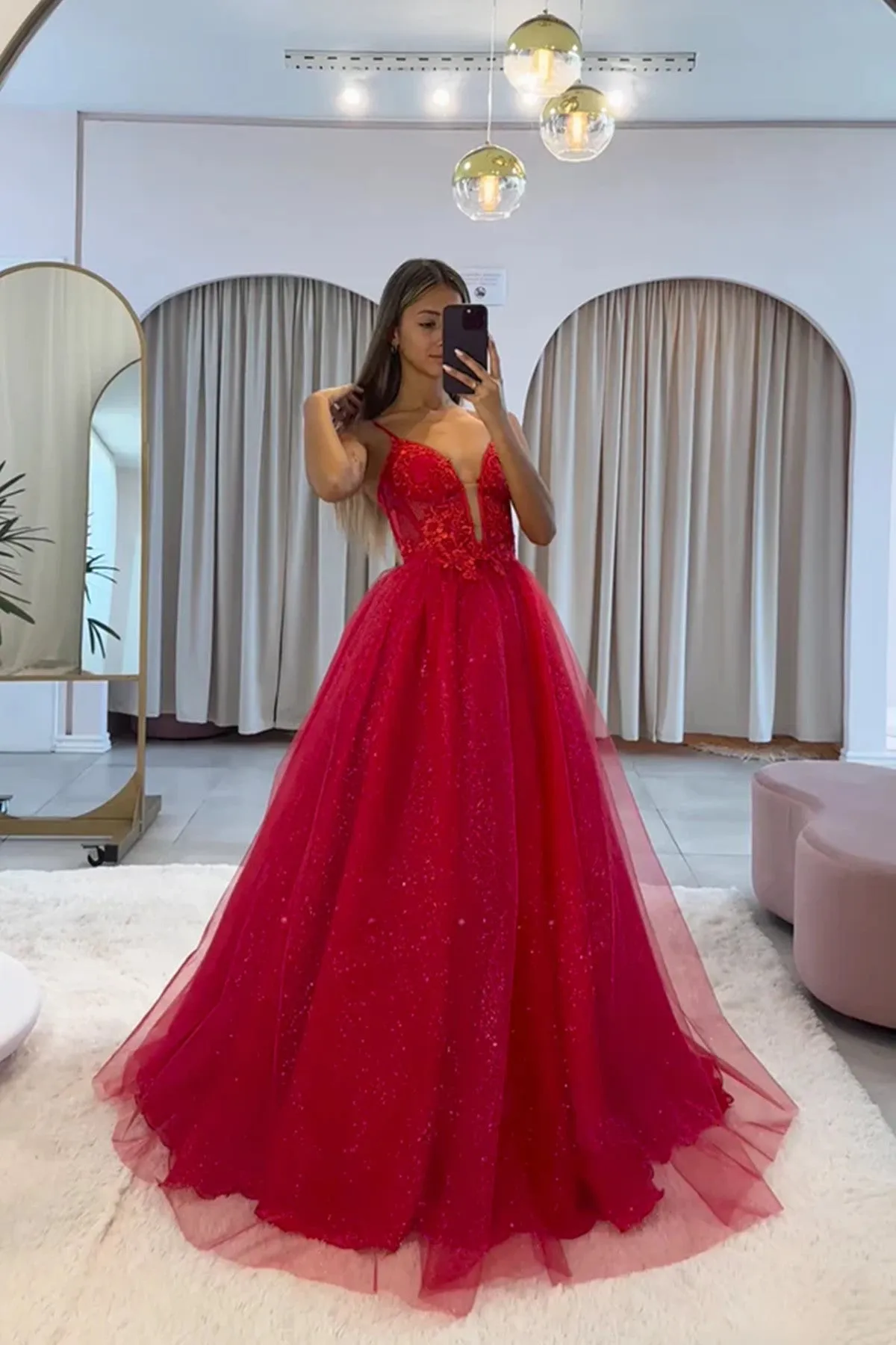 Red Tulle V-neckline Straps Long Evening Dress Prom Dress, Red Tulle Party Dress