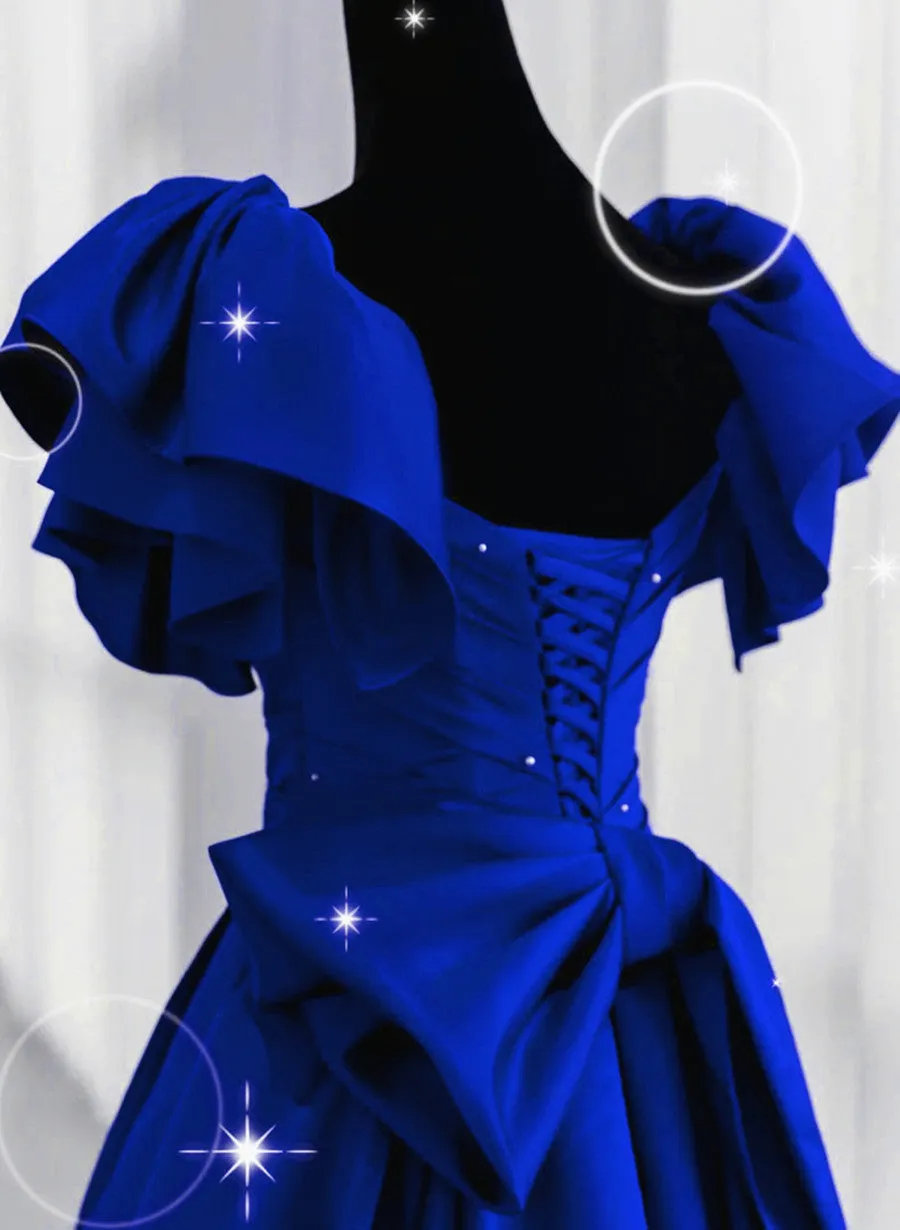 Royal Blue Long Satin Lace-up A-line Prom Dress, Royal Blue Wedding Party Dress