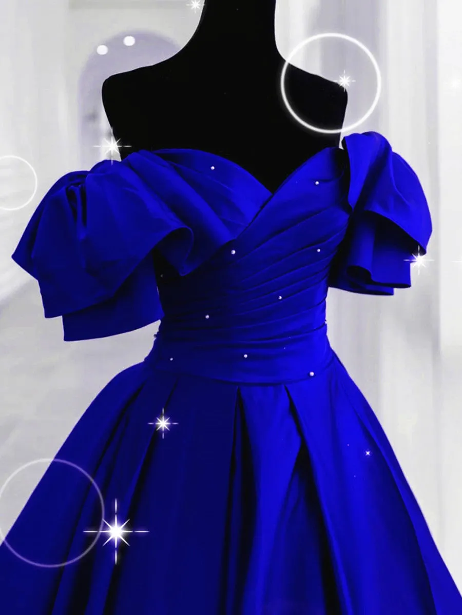 Royal Blue Long Satin Lace-up A-line Prom Dress, Royal Blue Wedding Party Dress