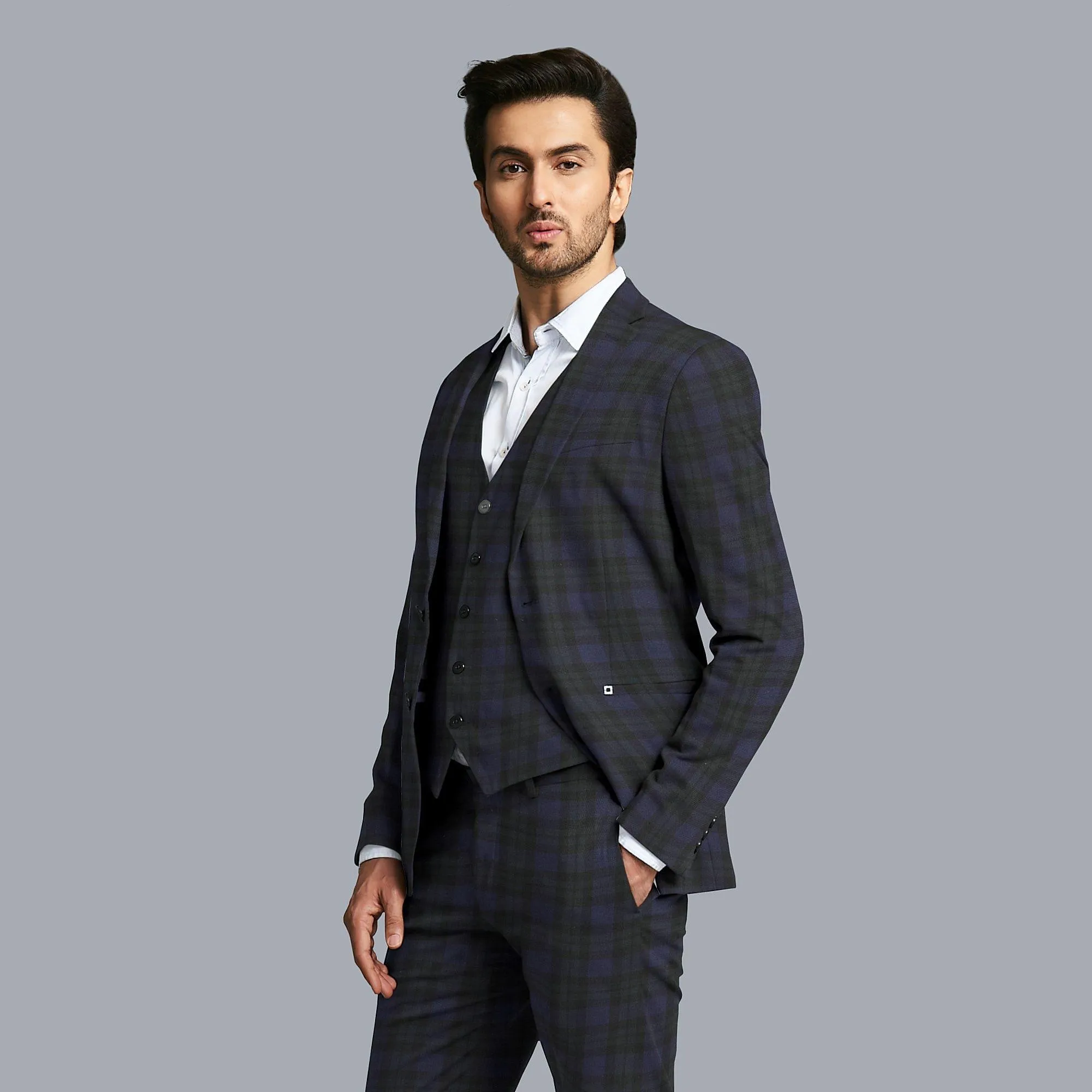 Royal blue Premium English Super 120's all wool suiting fabric with bottle green and black checks design-D11419