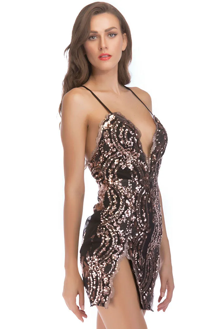 Scalloped Deep V High Split Sequin Lace Fitted Club Mini Dress - Black