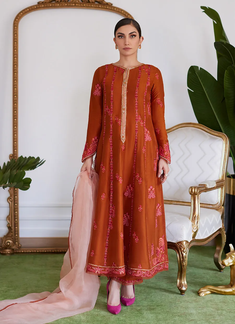 Seneera Embroidered Rust Raw Silk Kalidaar With Dupatta