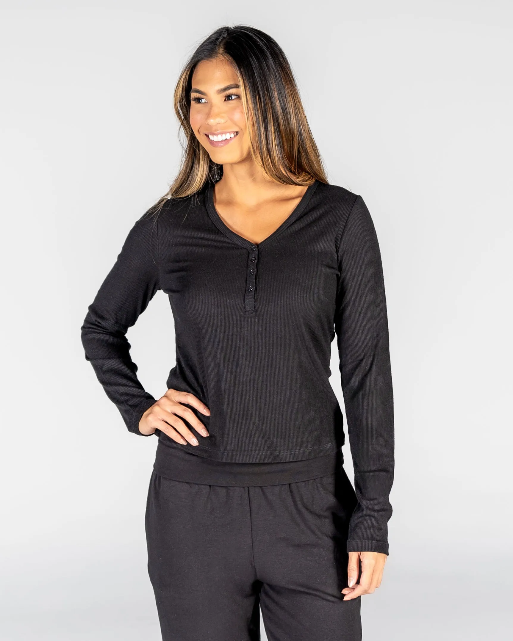 Serenity Long Sleeve Henley - Black - Final Sale