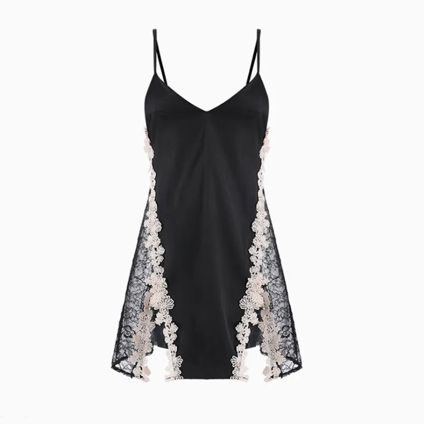 Sexy Backless Lace Floral Spaghetti Strap Satin Slip Chemise - Black