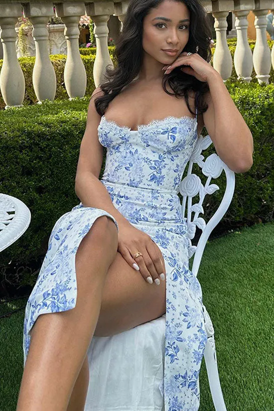 Sexy Eyelash Sweetheart Spaghetti Strap High Split Summer Floral Midi Sundress - Blue