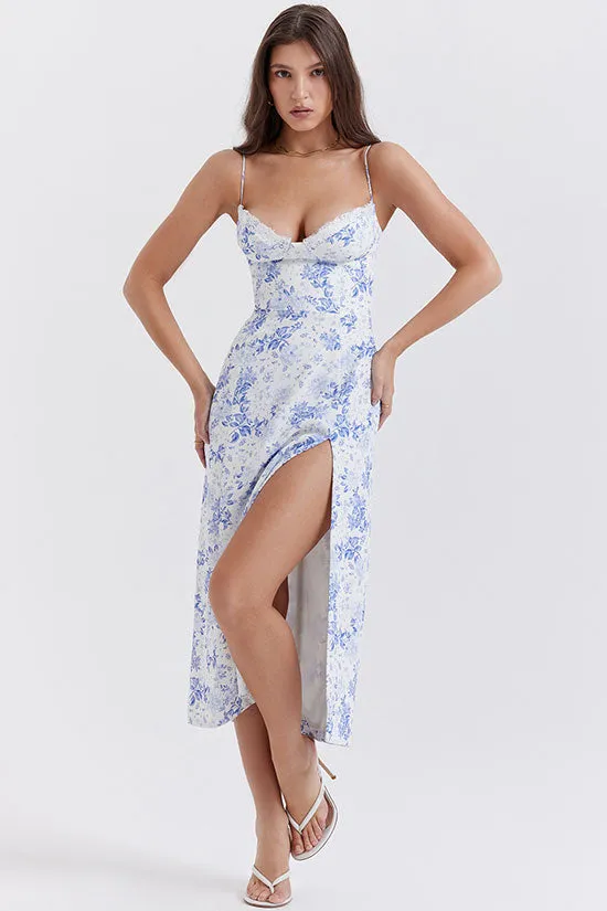 Sexy Eyelash Sweetheart Spaghetti Strap High Split Summer Floral Midi Sundress - Blue