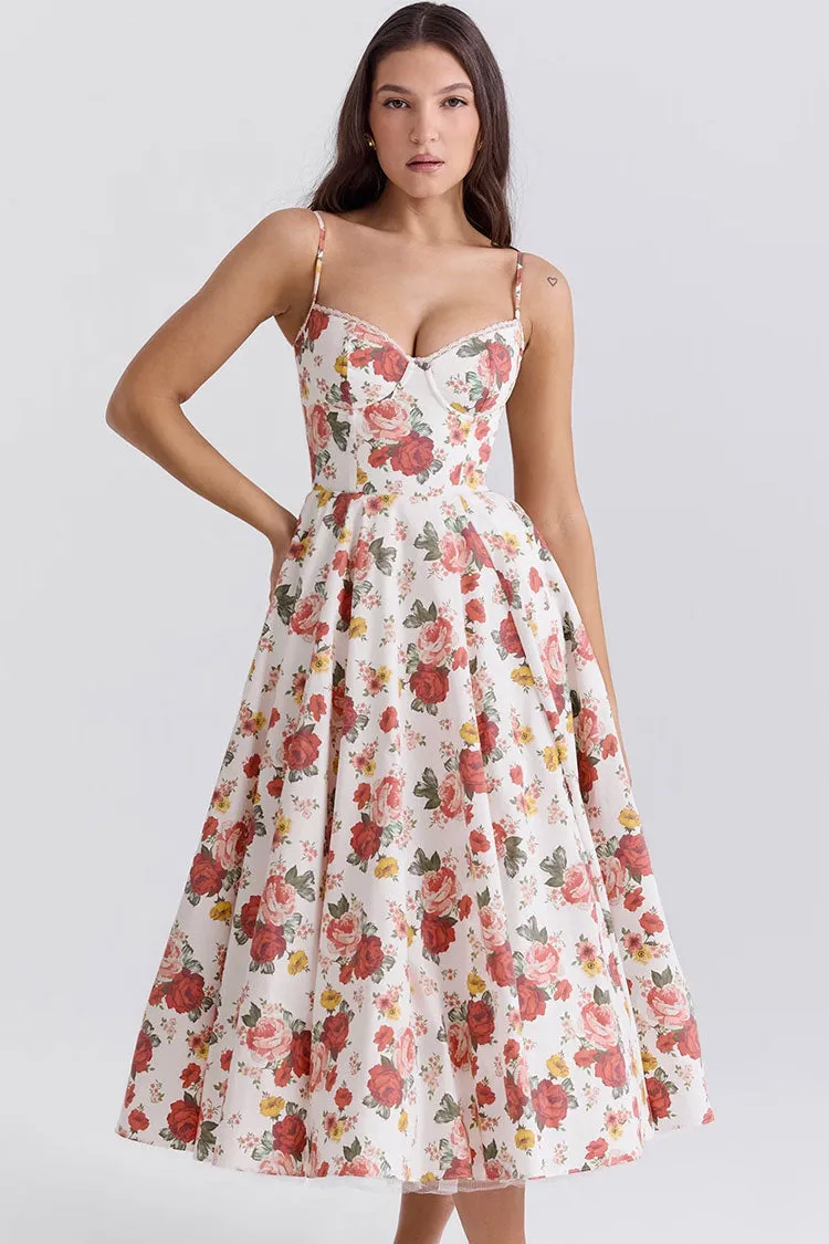 Sexy Floral Corset Bustier Fit & Flare Tulle Pocket Vacation Midi Sundress