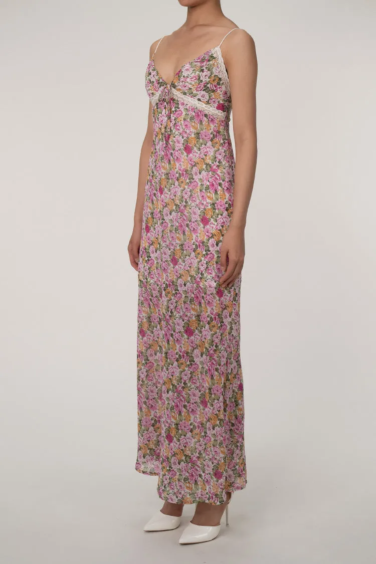 Sexy Lace Trim Tie Neck Spaghetti Strap Floral Printed Slip Maxi Sundress