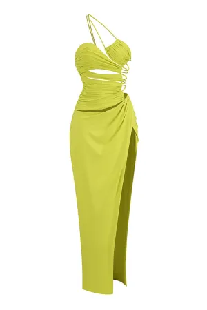 Sexy Strappy One Shoulder Ruched Cutout Backless Split Maxi Evening Dress