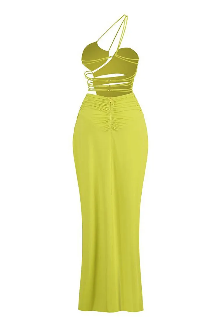 Sexy Strappy One Shoulder Ruched Cutout Backless Split Maxi Evening Dress