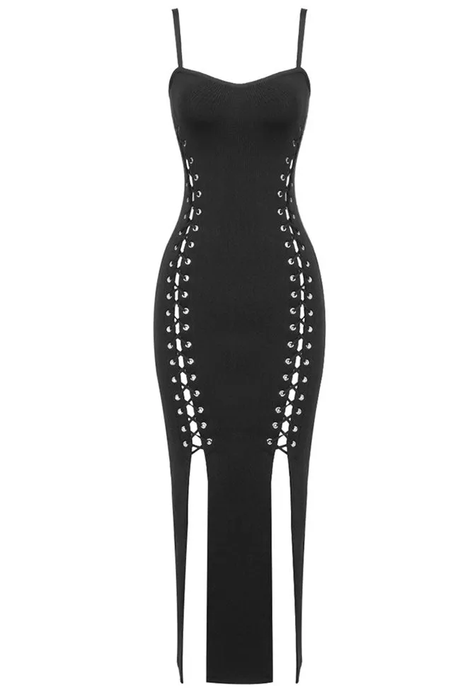 Sexy Sweetheart Lace Up Thigh High Slit Bandage Prom Midi Dress - Black